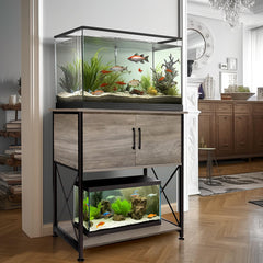 Herture stand side profile shows two-level design for versatile tank placement.