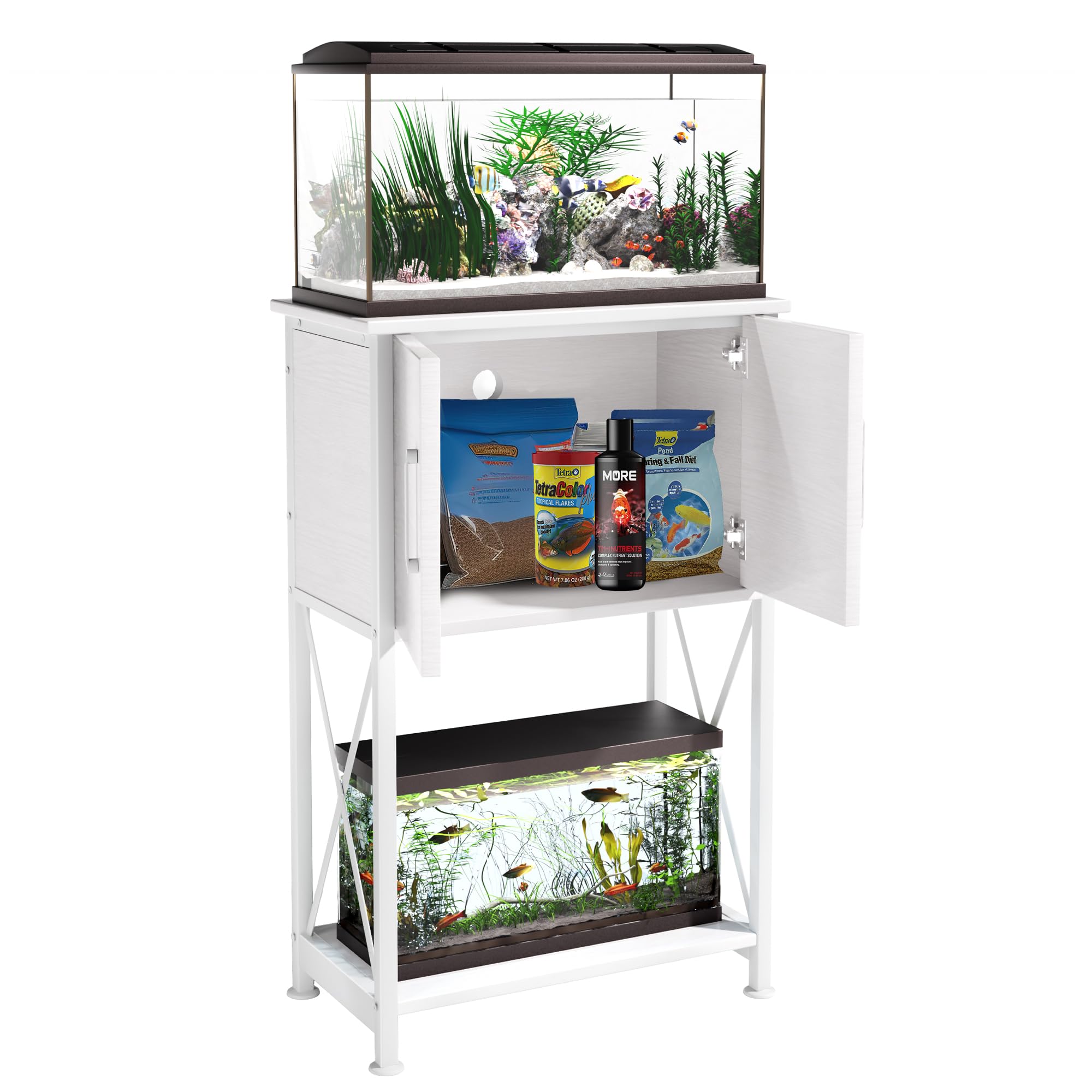 Herture stand includes smooth cabinet door for quiet access.