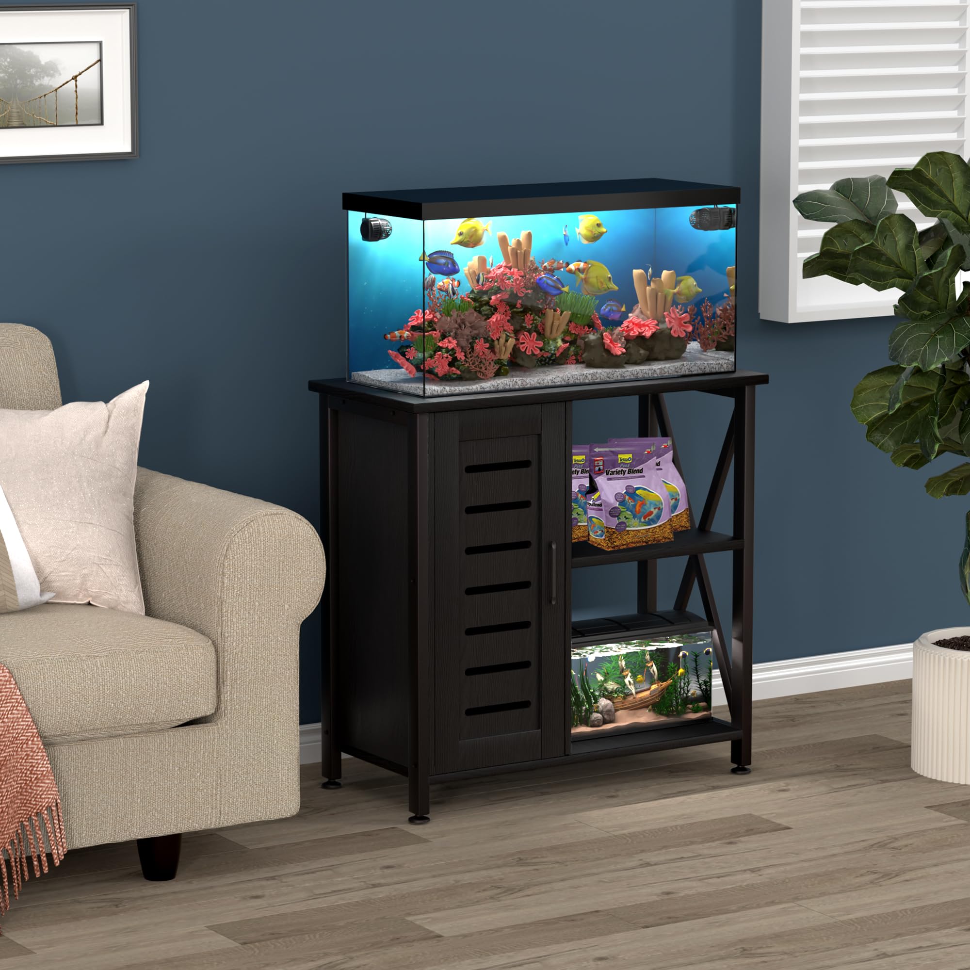 Herture fish tank stand side storage highlighting right-side cabinet for tools and supplies