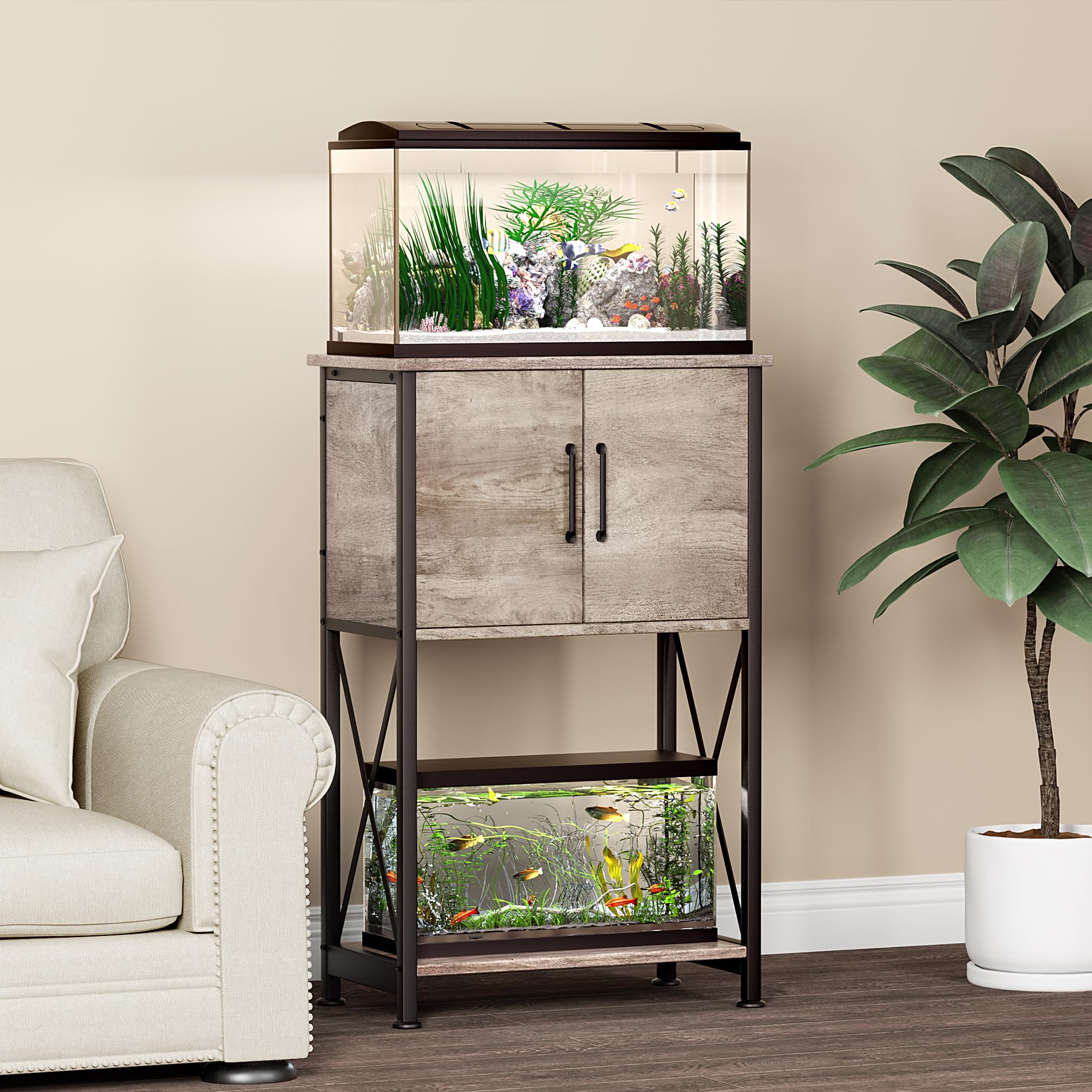 Herture stand side view highlights dual shelf for tanks and decor