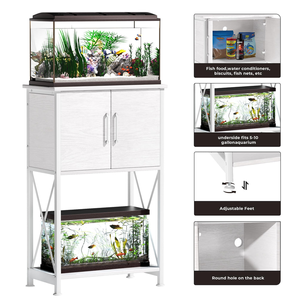 Herture two-tier design saves floor space and displays tanks.