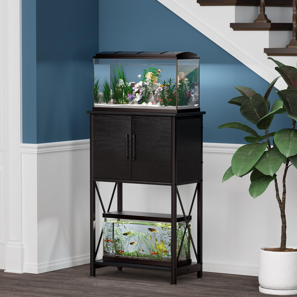 Herture stand in sleek black finish enhances modern room aesthetics.