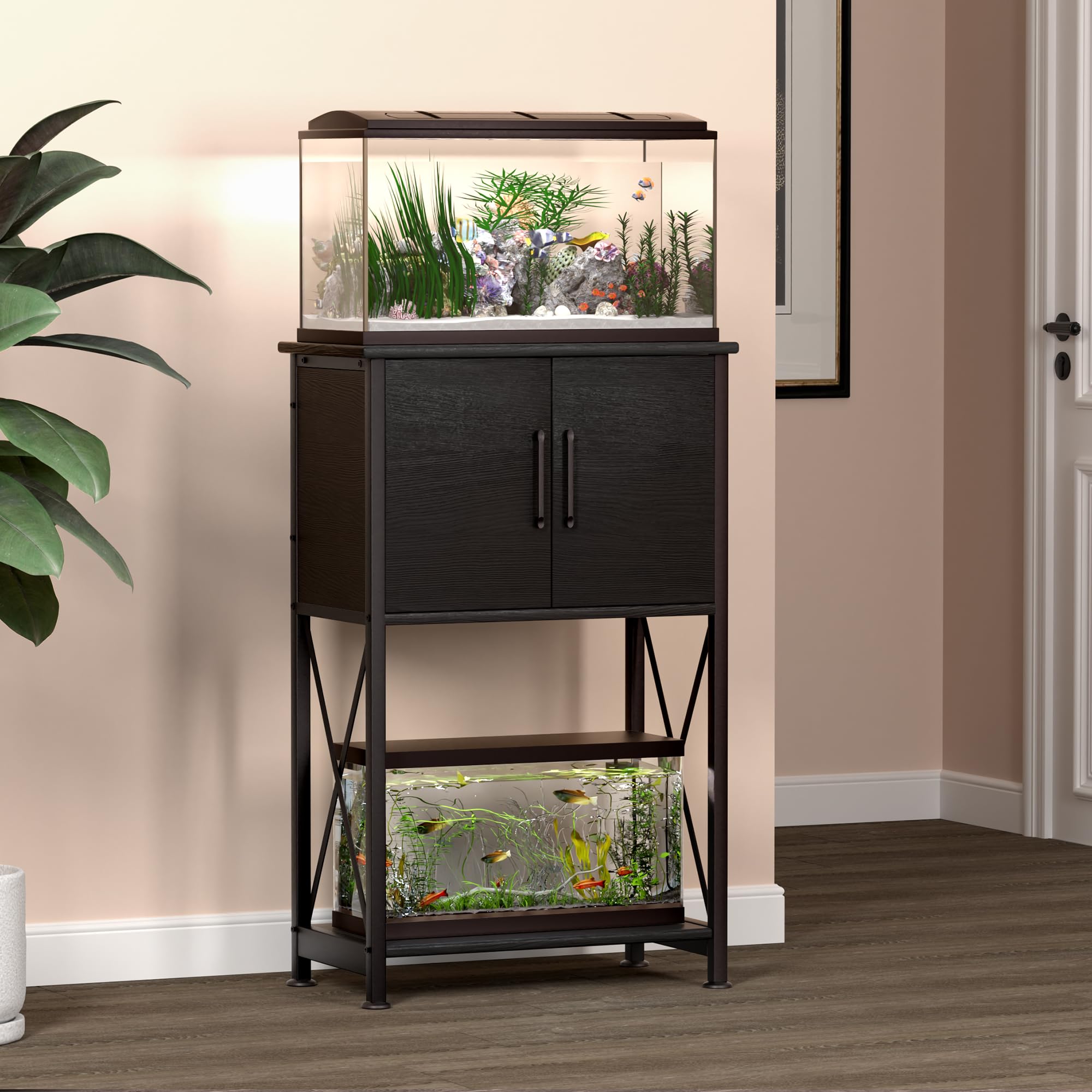 Herture stand lower shelf can support decor or a second small tank.