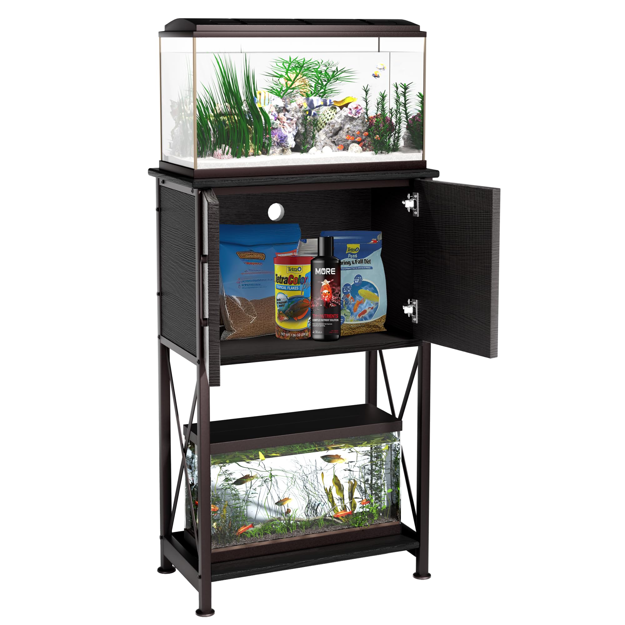 Herture stand placed in a living room setup for versatile aquarium display.