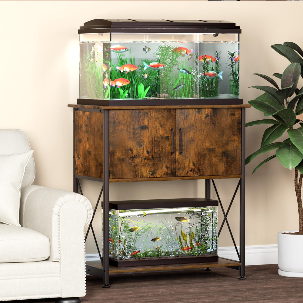 Herture stand side view highlights a two-tier layout for flexible tank placement.