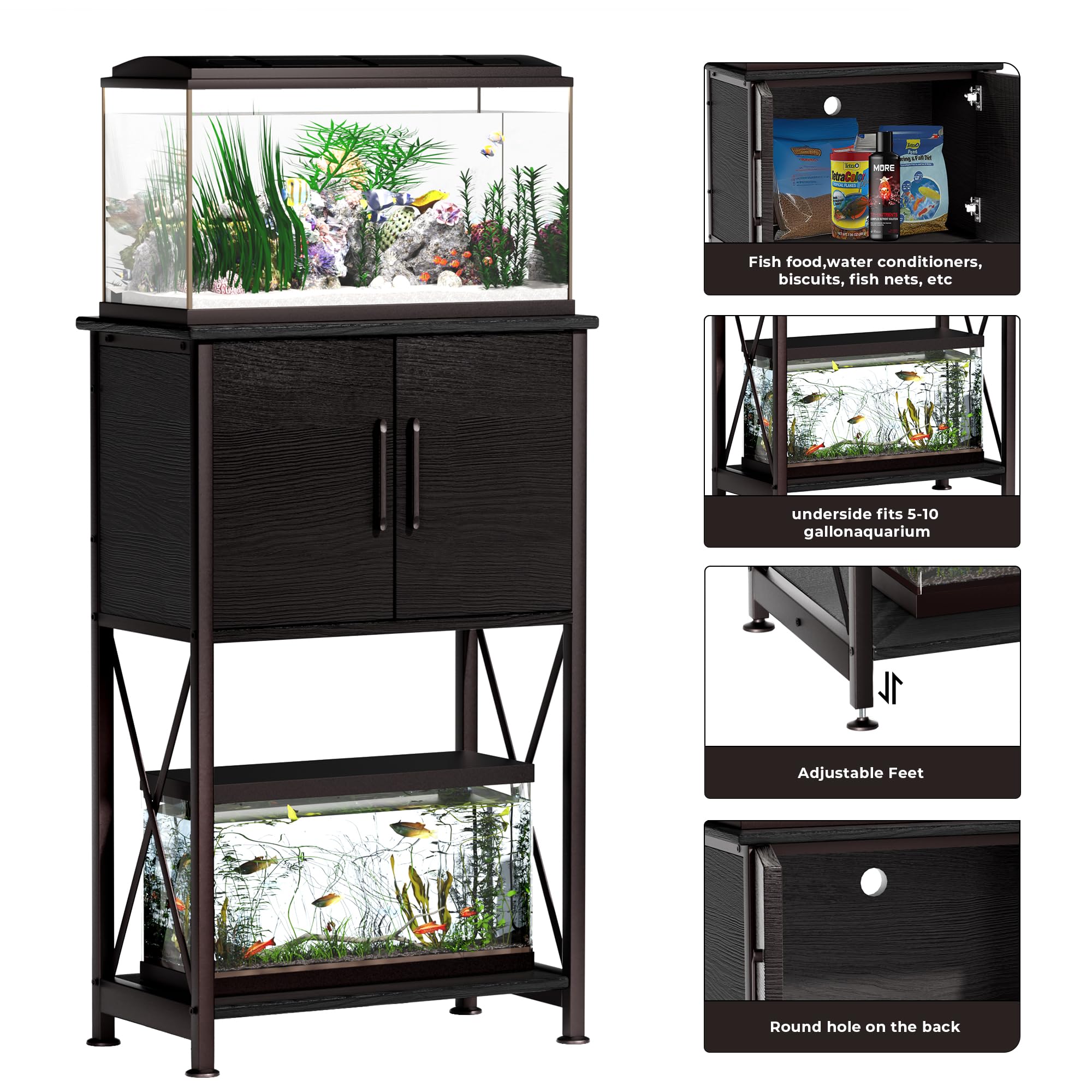 Herture stand storage cabinet keeping fish food and nets organized.