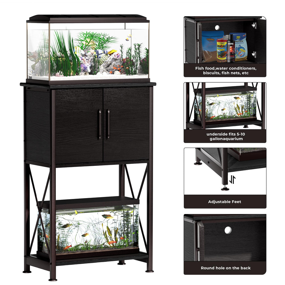 Herture stand storage cabinet keeping fish food and nets organized.