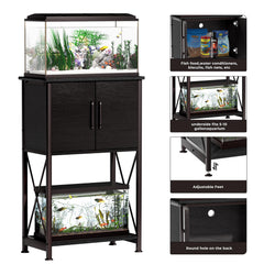 Herture stand storage cabinet keeping fish food and nets organized.