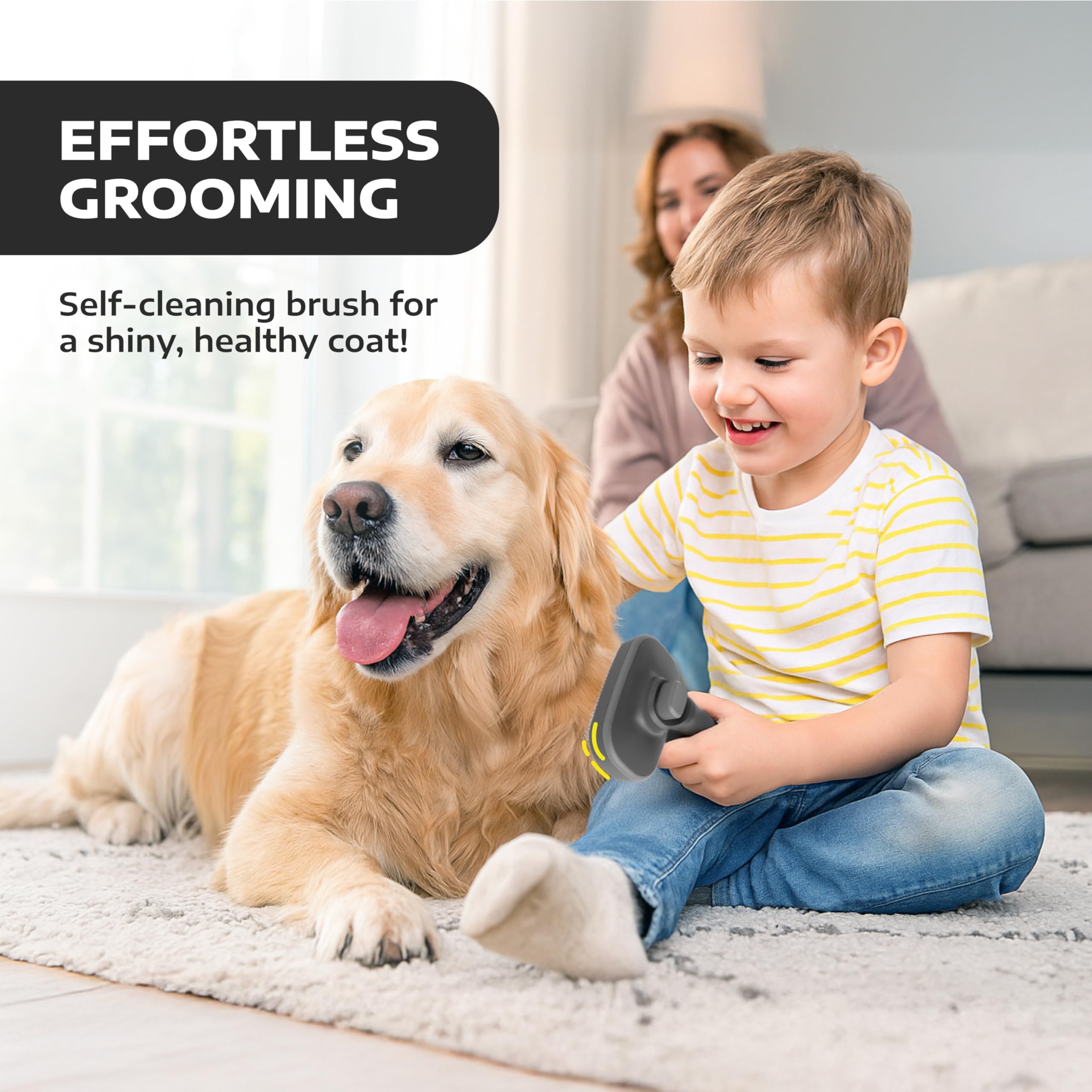 Person brushing a long-haired dog with Hertzko, coat appears shiny and smooth.