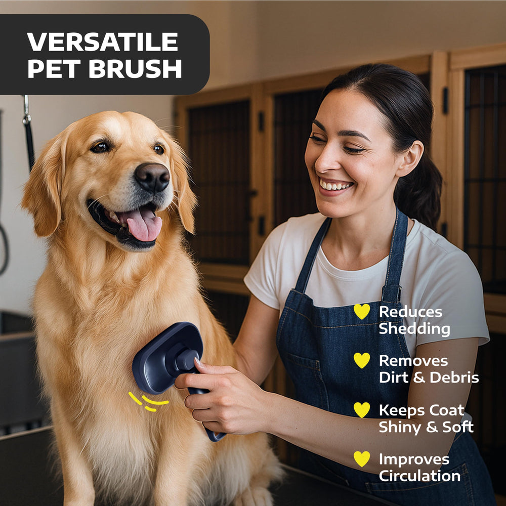 Close-up of retractable bristles on Hertzko brush helping detangle dog's coat.