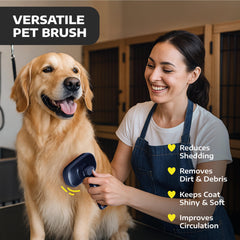 Close-up of retractable bristles on Hertzko brush helping detangle dog's coat.