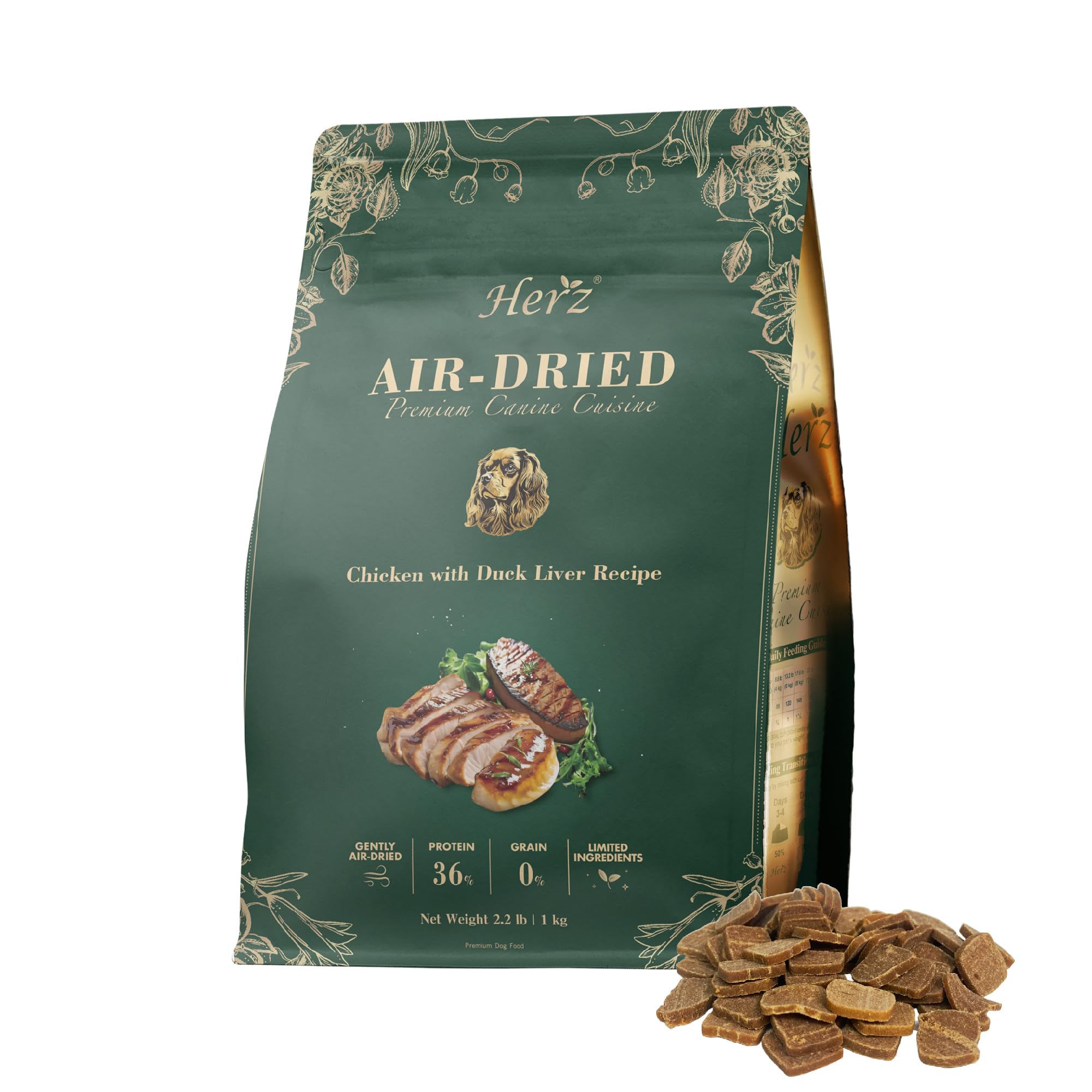 Herz air-dried dog food chicken and duck liver recipe bag highlights premium ingredients and easy storage