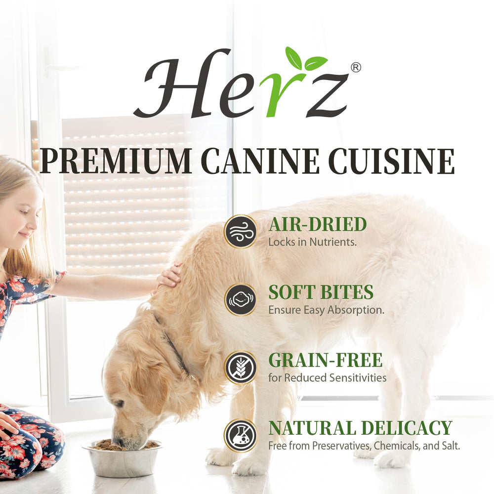 Herz air-dried texture close-up reveals dense, flavorful morsels for dogs