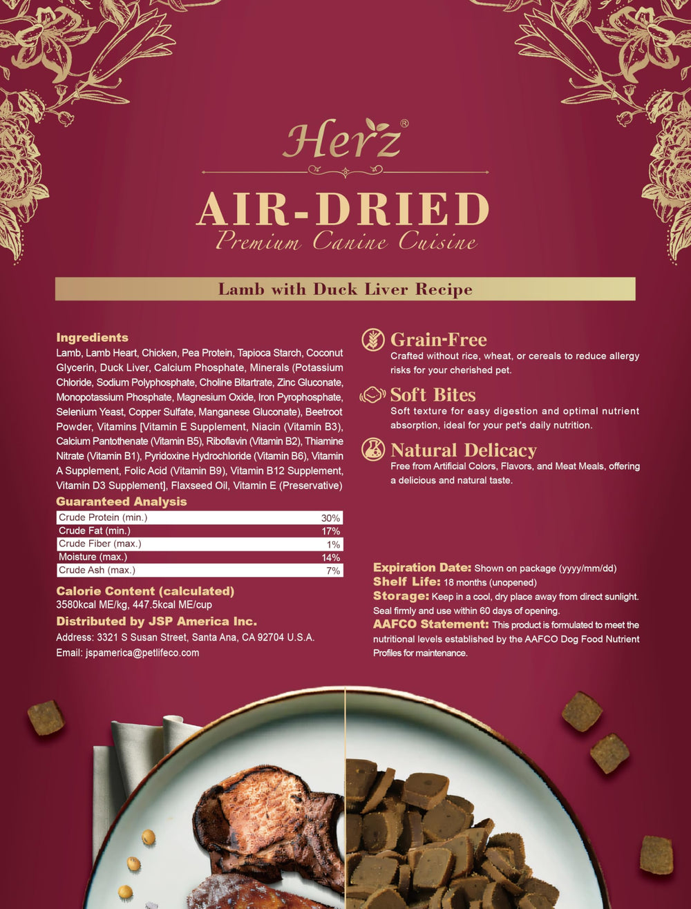 Herz air-dried dog food ingredient list showing natural, limited ingredients.