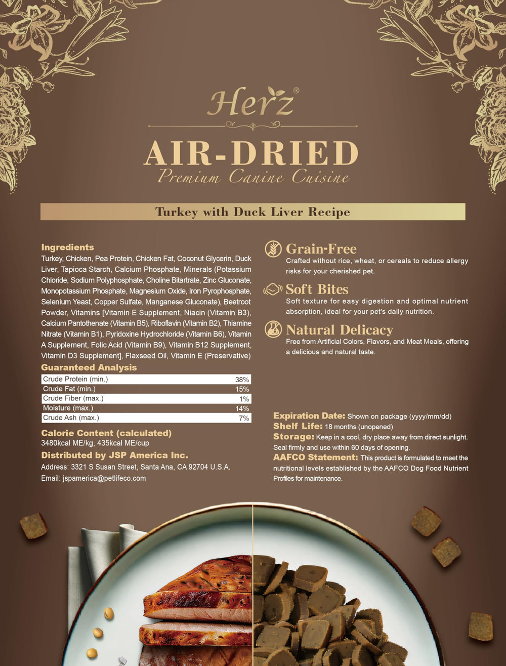 Herz air-dried dog food ingredient panel shows natural, limited ingredients for clean nutrition