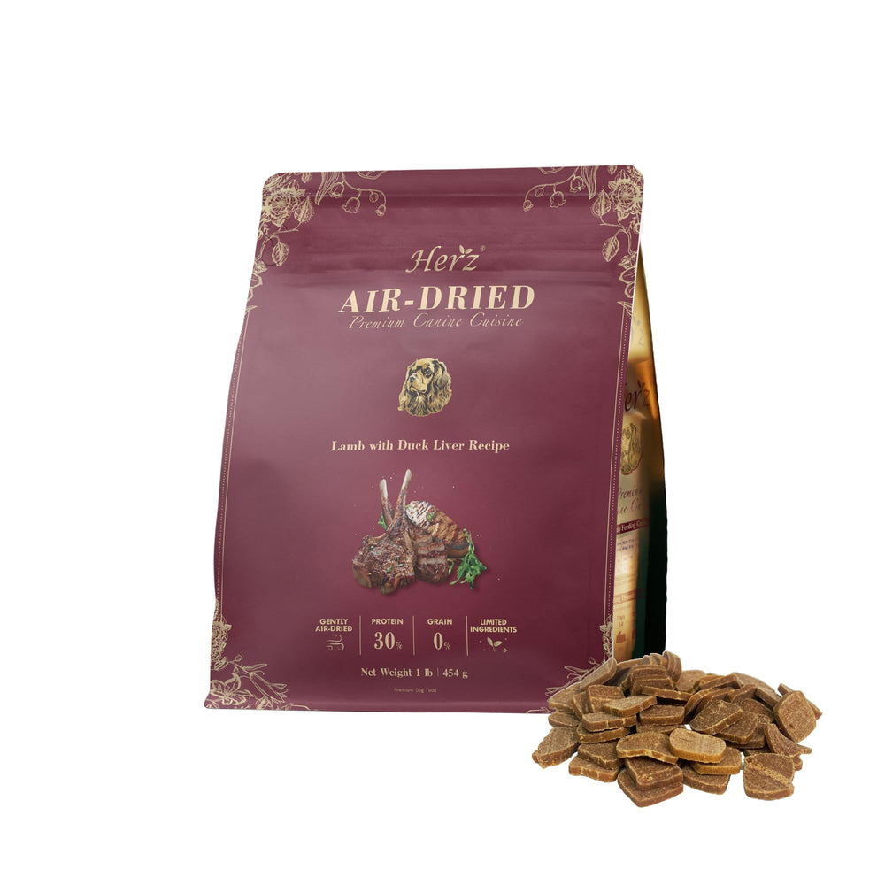 Herz air-dried lamb and duck liver bites in a dog bowl with rich aroma.