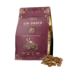 Herz air-dried lamb-duck liver recipe pack shows premium protein for active dogs.