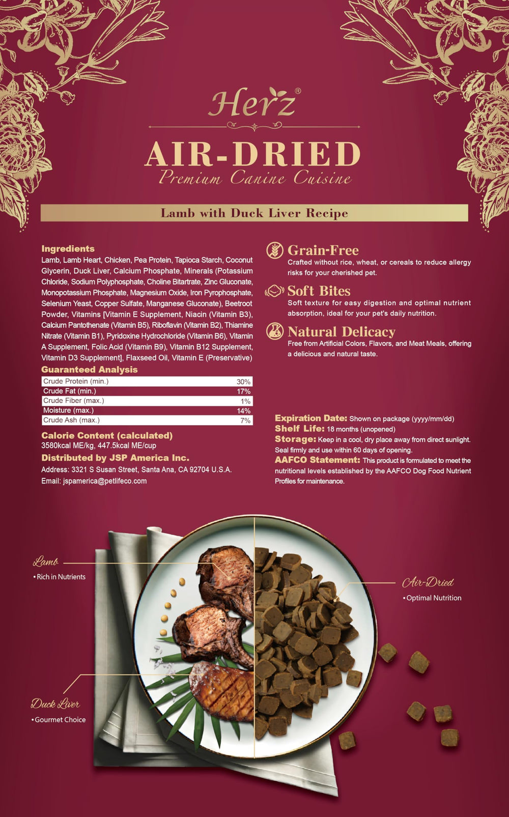 Herz air-dried dog food natural ingredients rich in meat and vegetables.