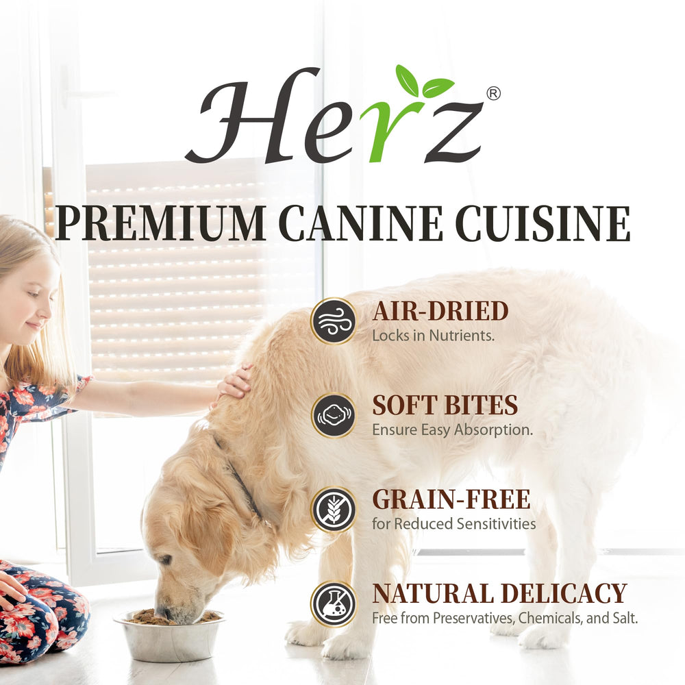 Herz air-dried dog food packaging closeup demonstrates quality and freshness
