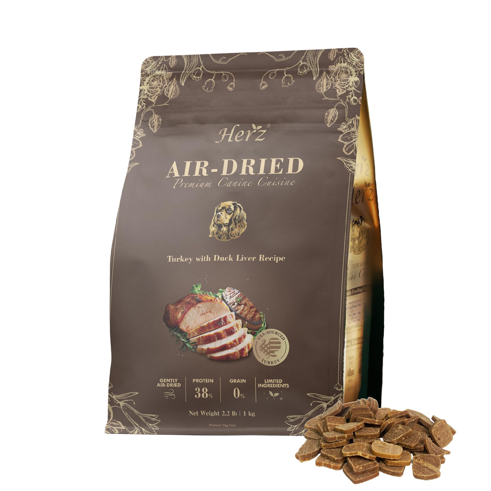 Herz air-dried dog food turkey-duck liver bites highlight premium protein for active dogs