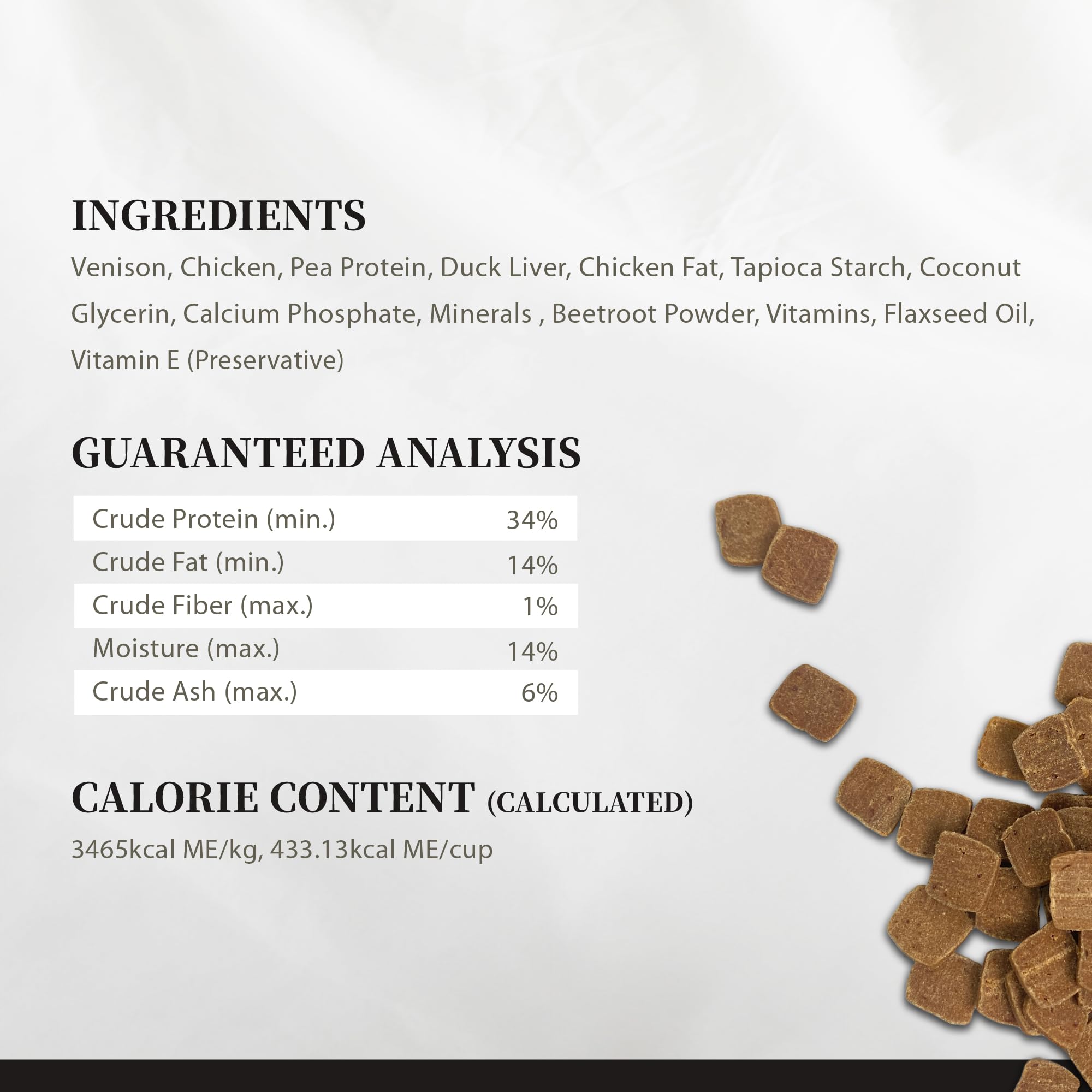 Nutrition label and clear info on Herz venison-duck-liver product packaging.