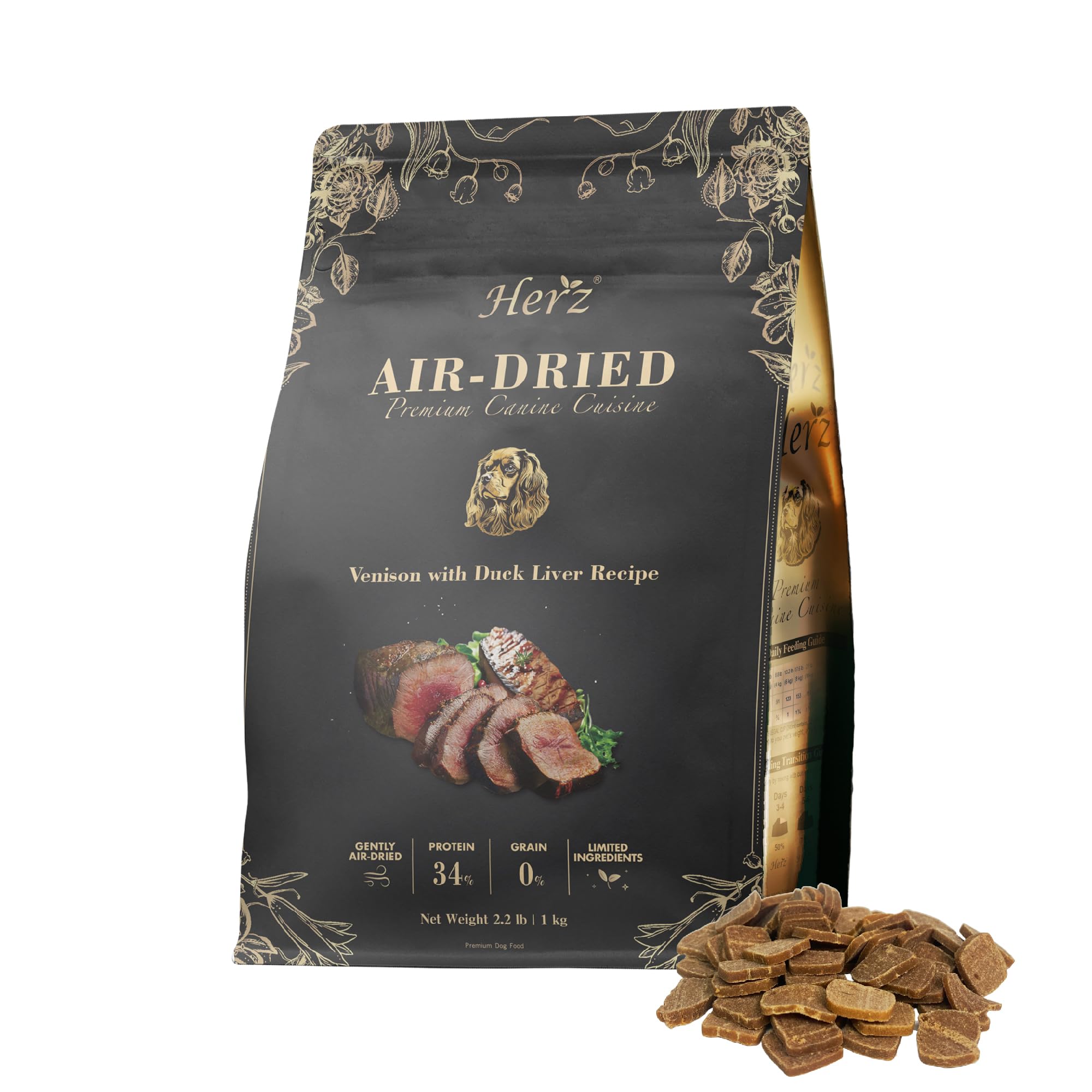 Herz air-dried venison and duck liver pack showing convenient packaging and protein-rich ingredients.