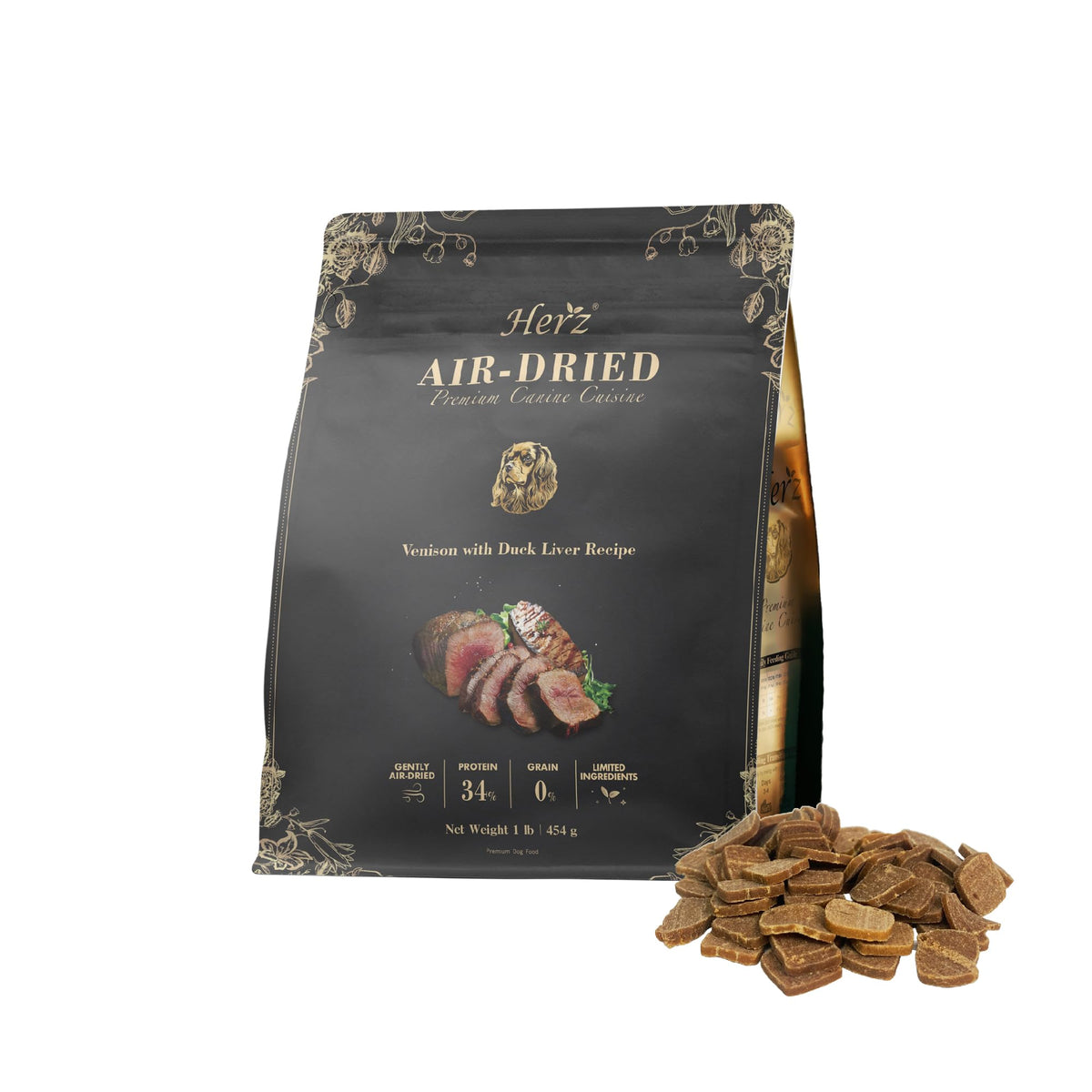 Herz air-dried venison and duck liver packaging highlights premium natural ingredients