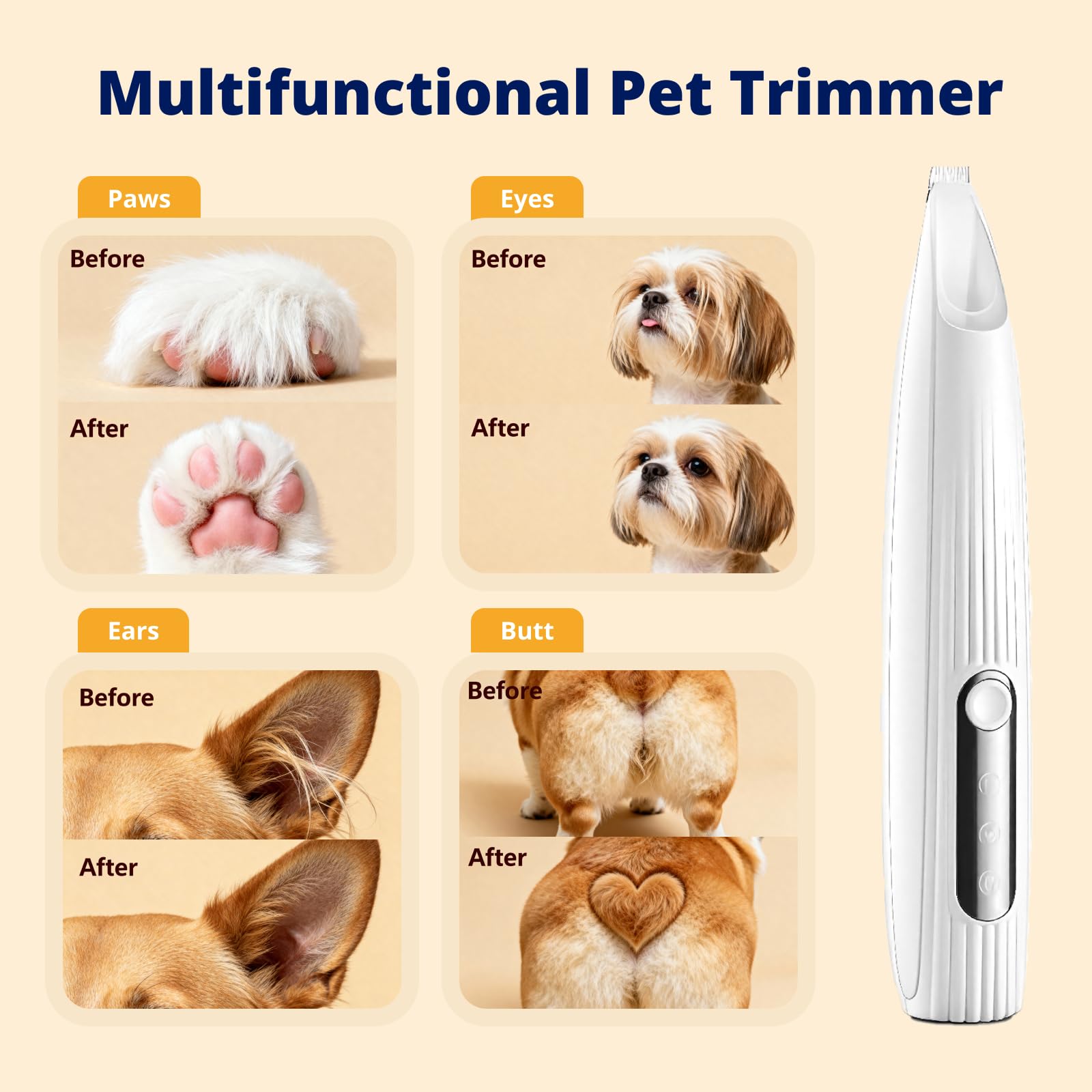 Heusom Silent Paw Trimmer grooming kit contents include oil and brush.