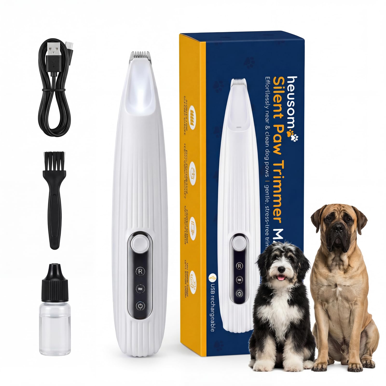 Heusom Silent Paw Trimmer with LED light illuminates paws for gentle at-home grooming.