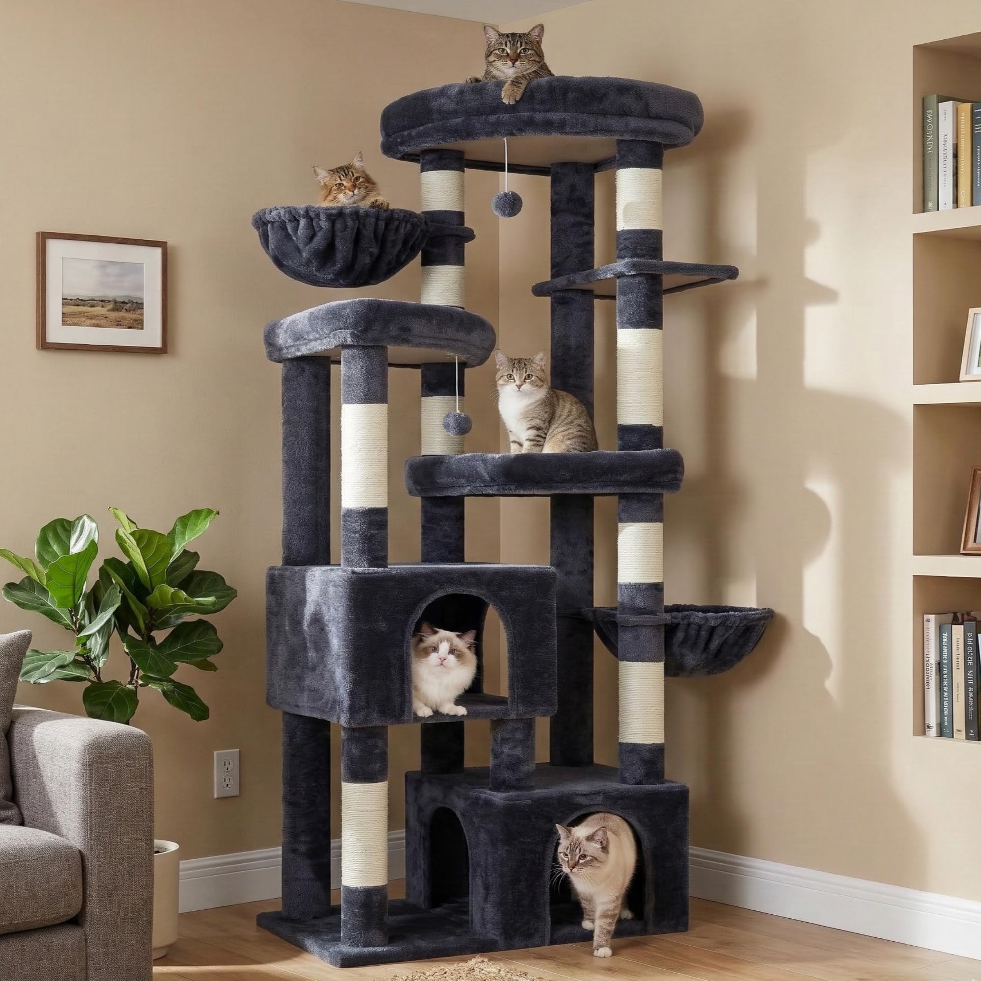 Hey-brother Cat Tree 67-3 inches tower offers elevated views for multiple cats.