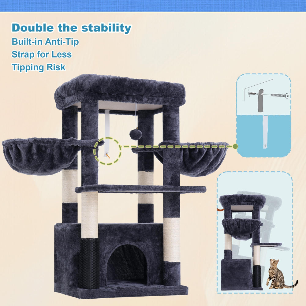 Hey-brother cat tree anti-toppling strap enhances stability during climbing.