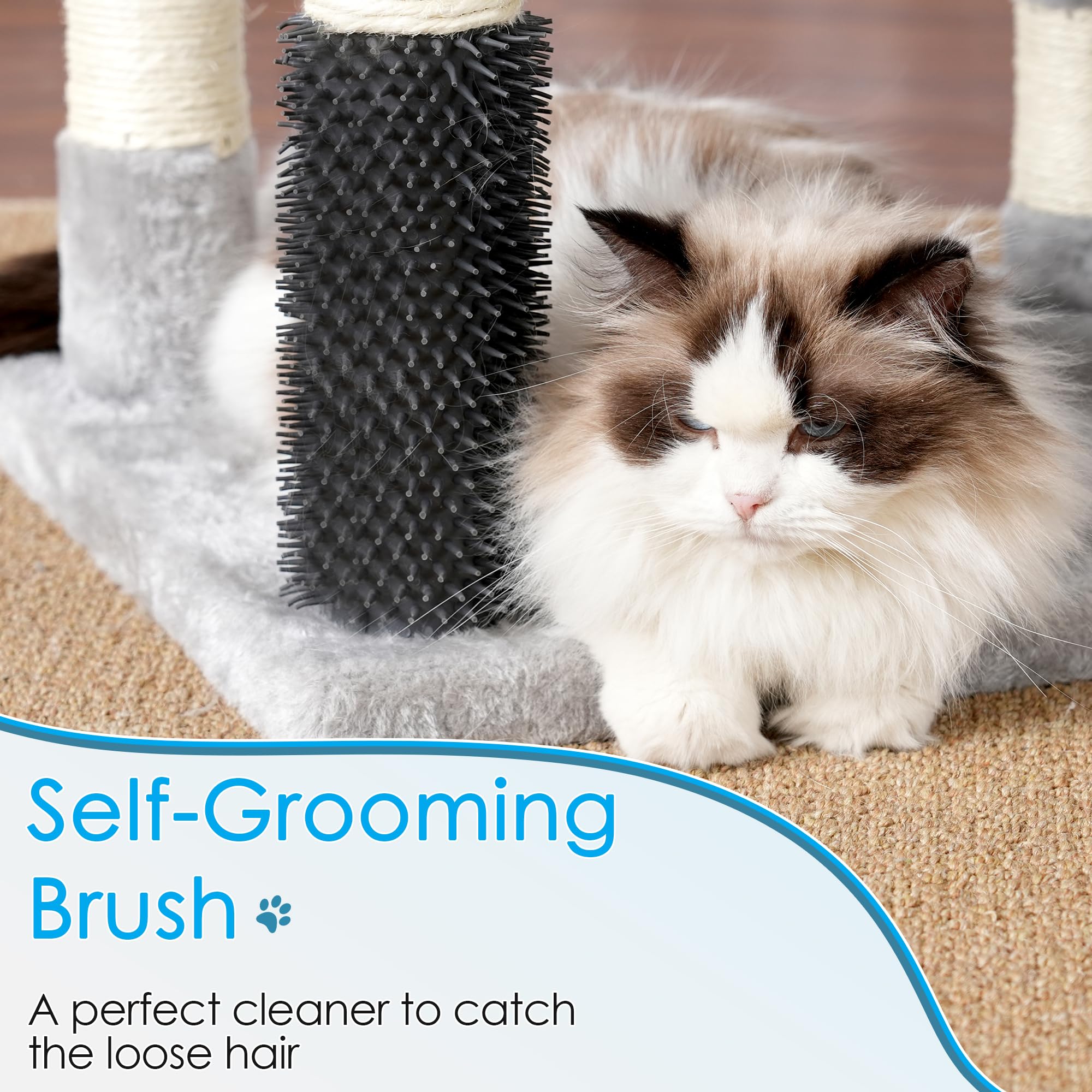 Hey-brother cat tree bottom brushes aid grooming during play.