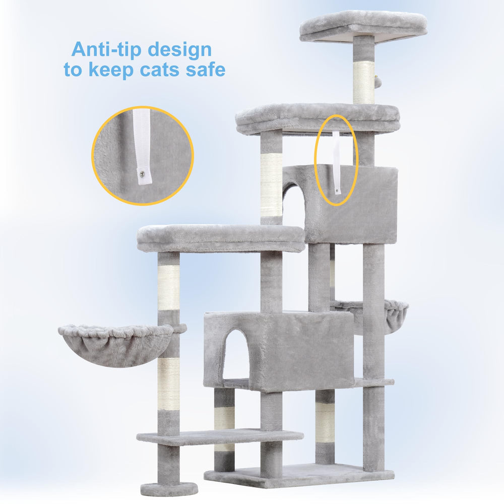 Hey-brother cat tree close-up materials show sturdy construction and soft upholstery.
