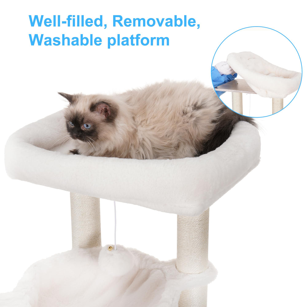 Hey-brother cat tree condo food station — elevated feeding saves floor space.