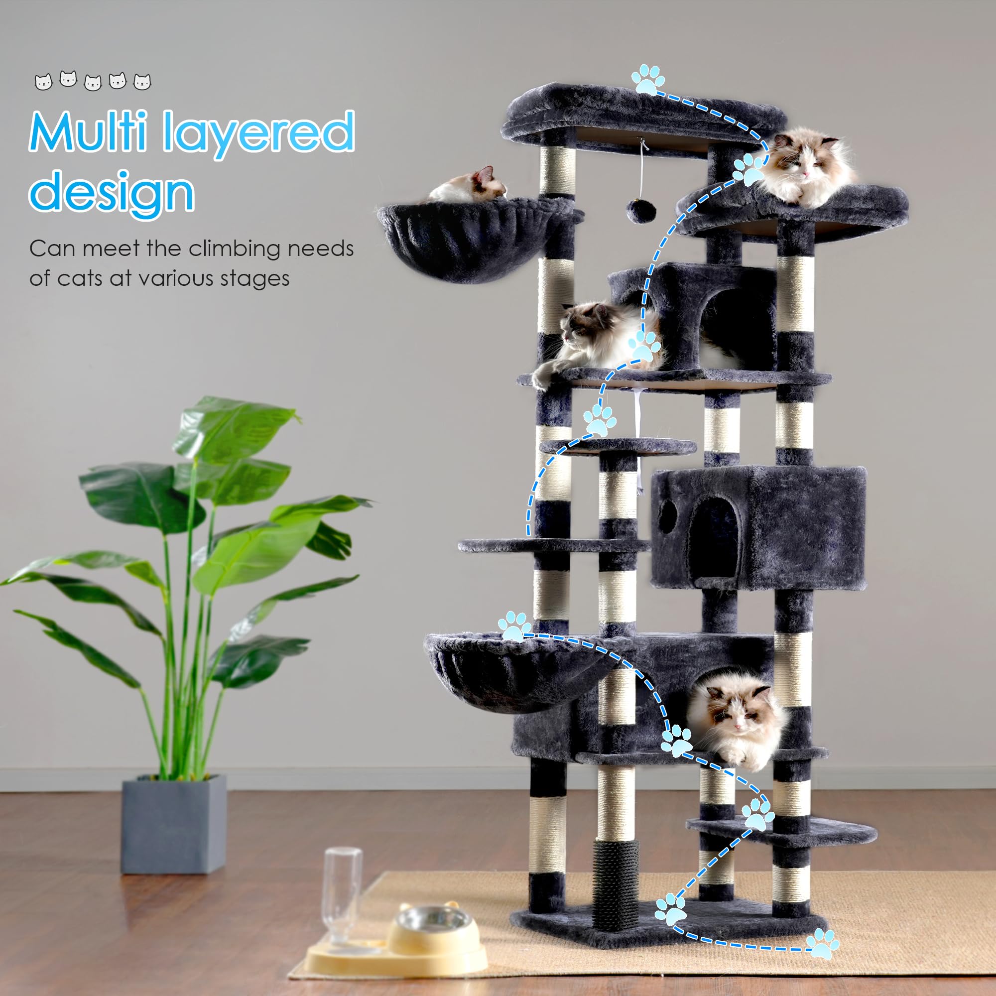 Hey-brother Cat Tree dimensions 19.7 x 19.7 x 68.9 inches.