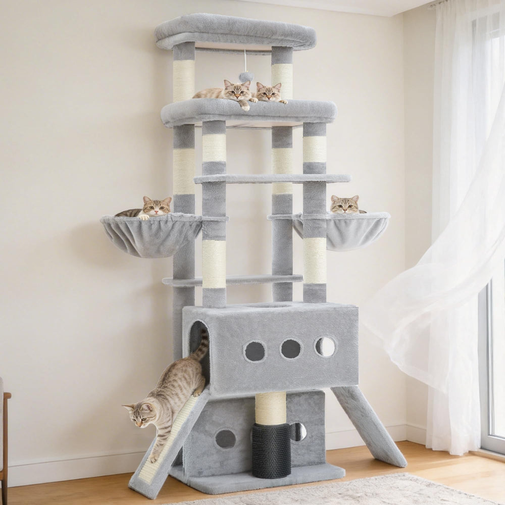 Hey-brother Cat Tree Tower built-in grooming brush at the base