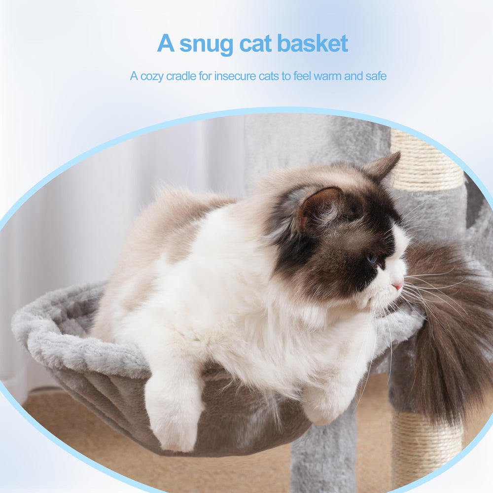 Hey-brother cat tree hammock offers cloud-like wrap for comfy naps.