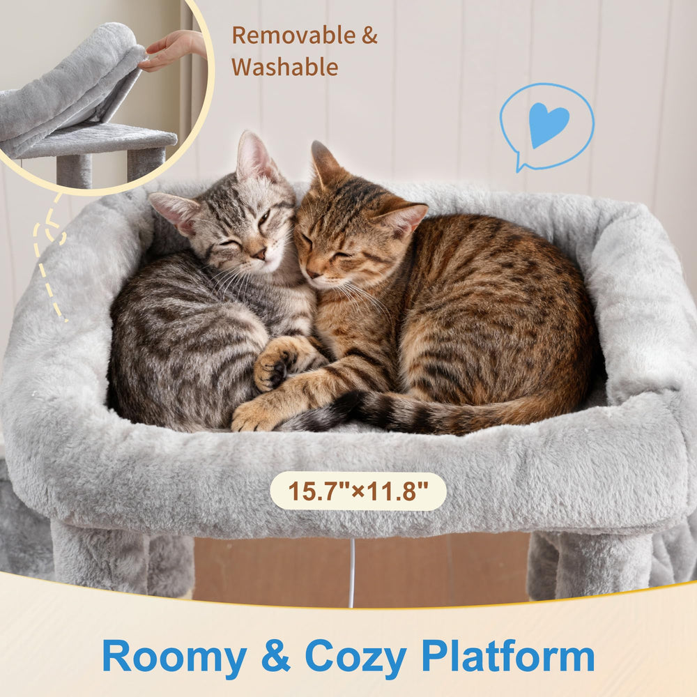 Hey-brother cat tree hammocks offer two cozy spots for curling up.
