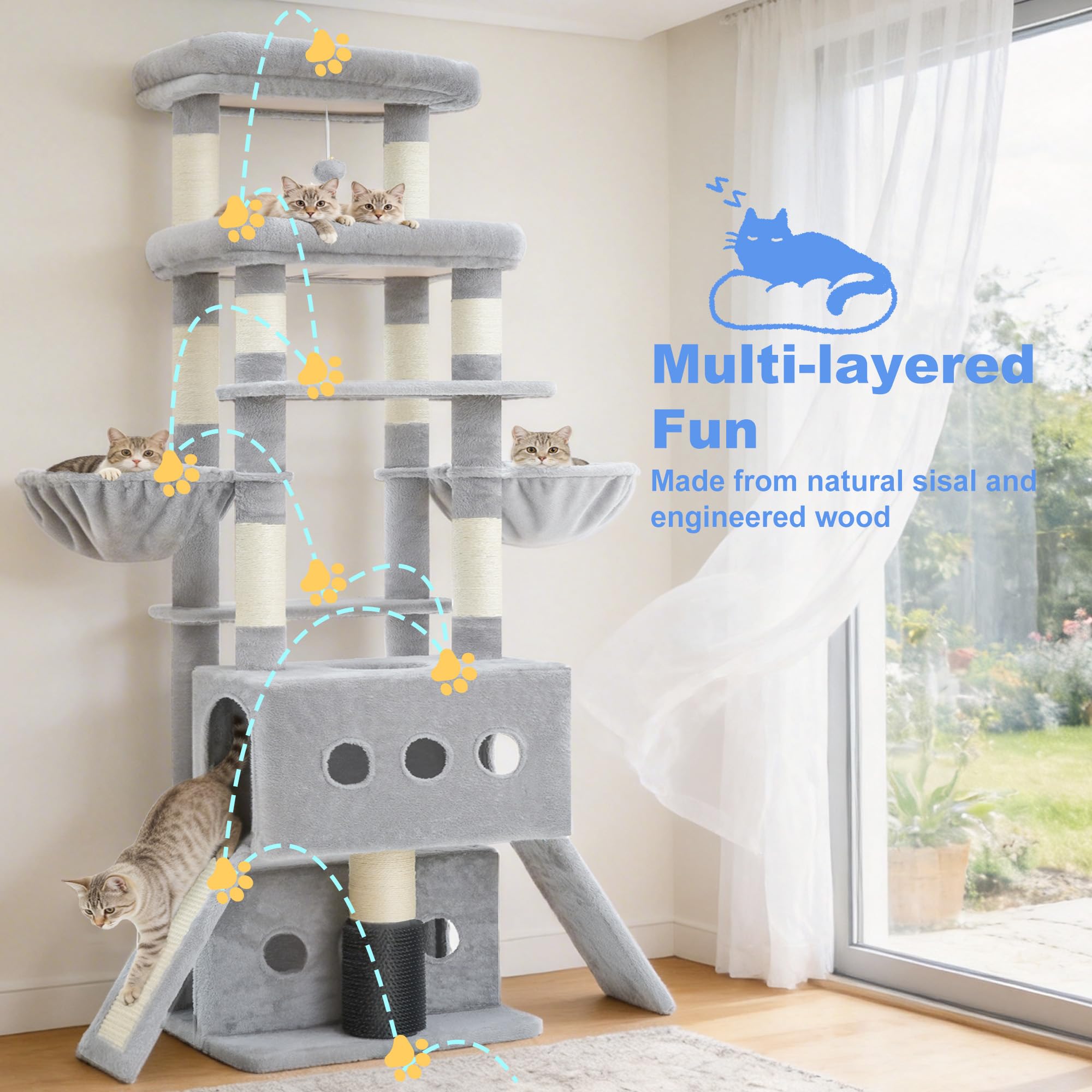 Hey-brother Cat Tree Tower with two hammocks for comfy naps