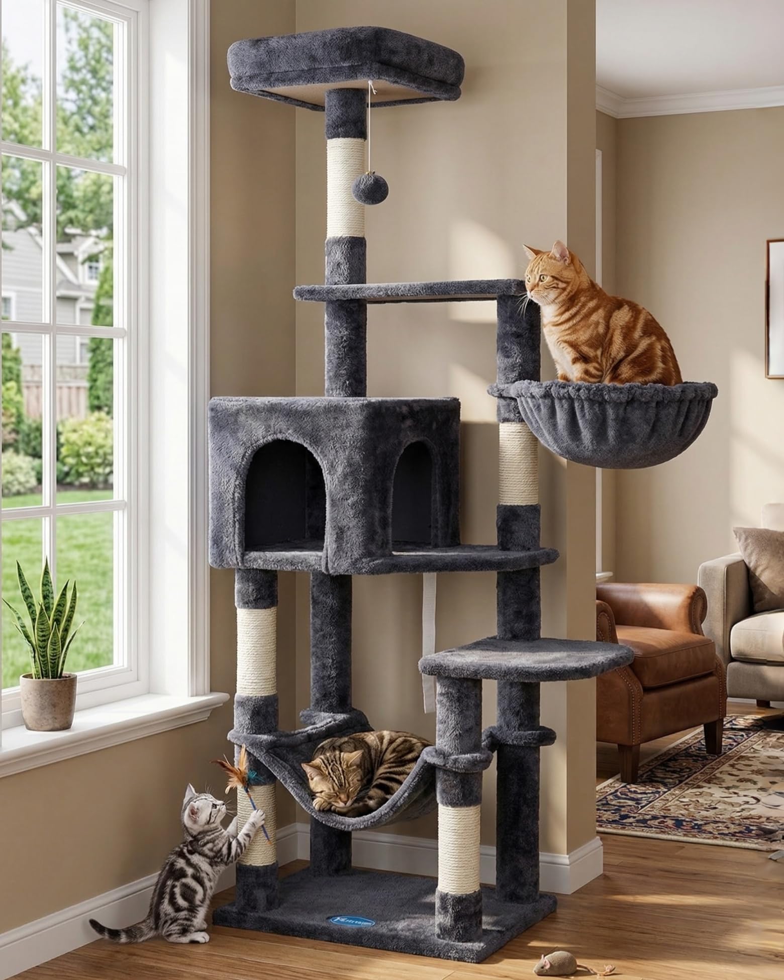 Hey-brother cat tree large hammock provides a cozy lounging spot for indoor cats.