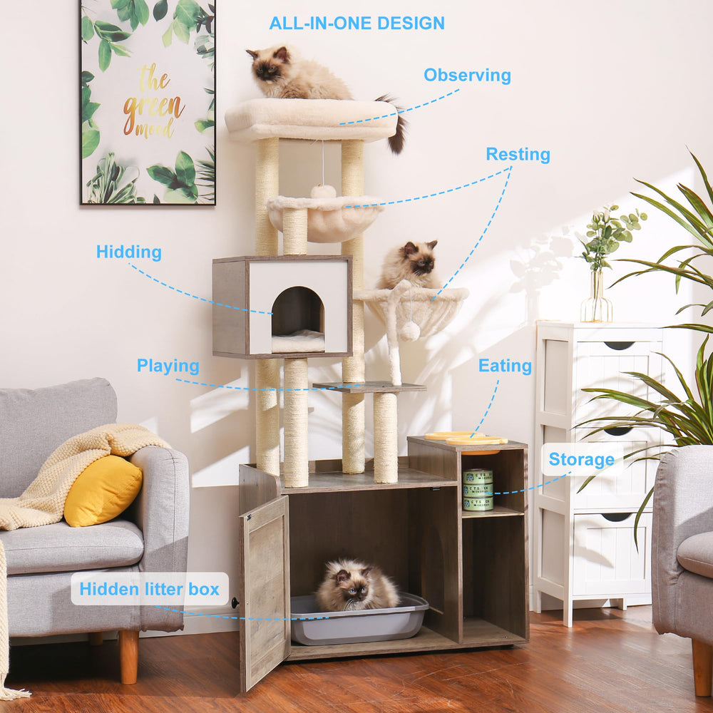 Hey-brother cat tree litter box enclosure — discreet, tidy litter management.