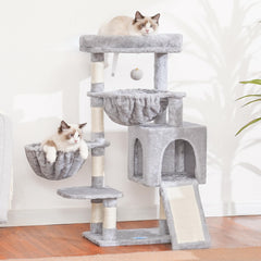Hey-brother cat tree padded bed shows comfortable top perch for lounging.