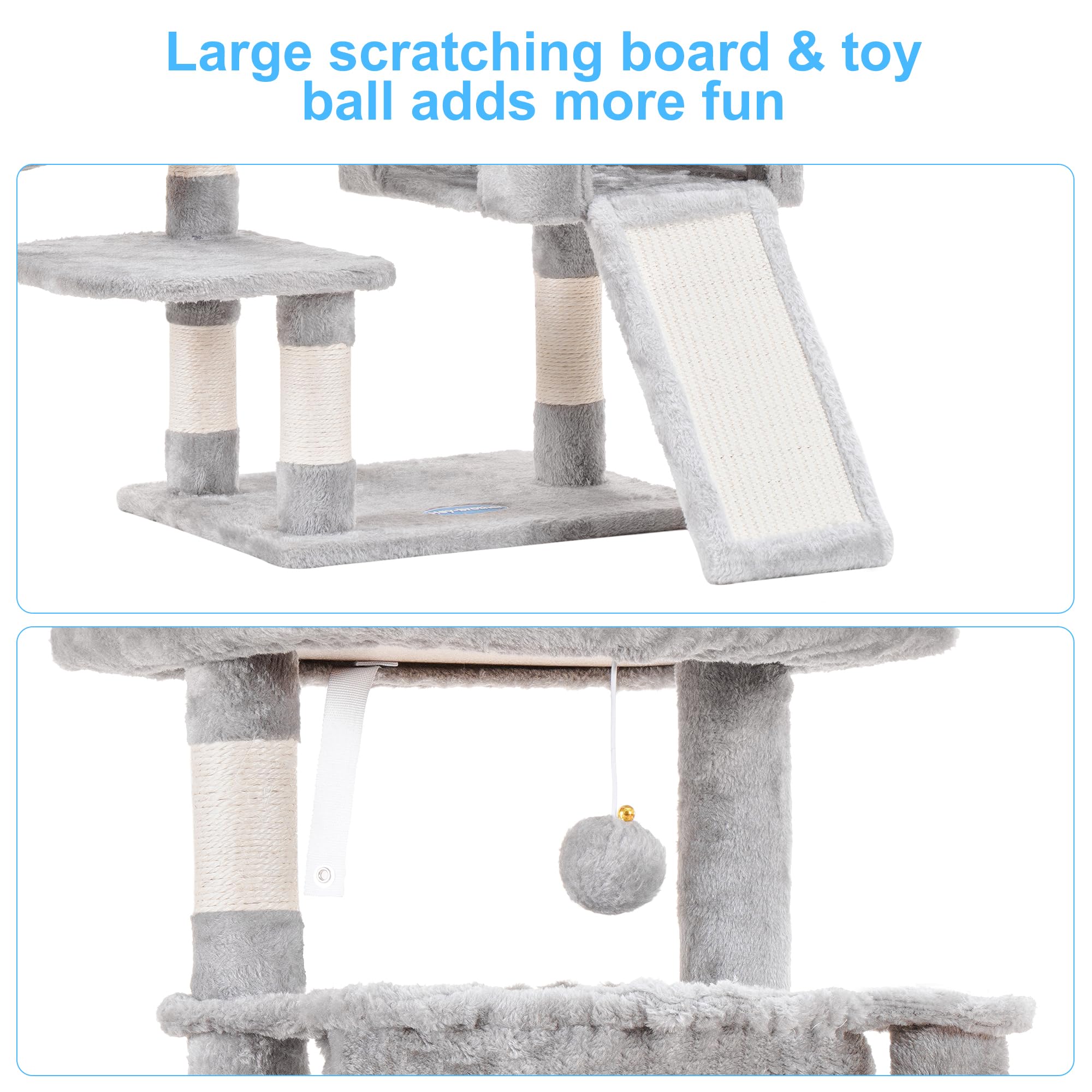 Hey-brother cat tree plush ball adds playful texture and motion.
