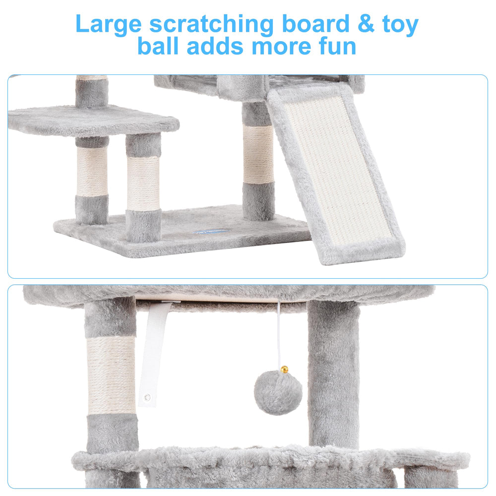 Hey-brother cat tree plush ball adds playful texture and motion.