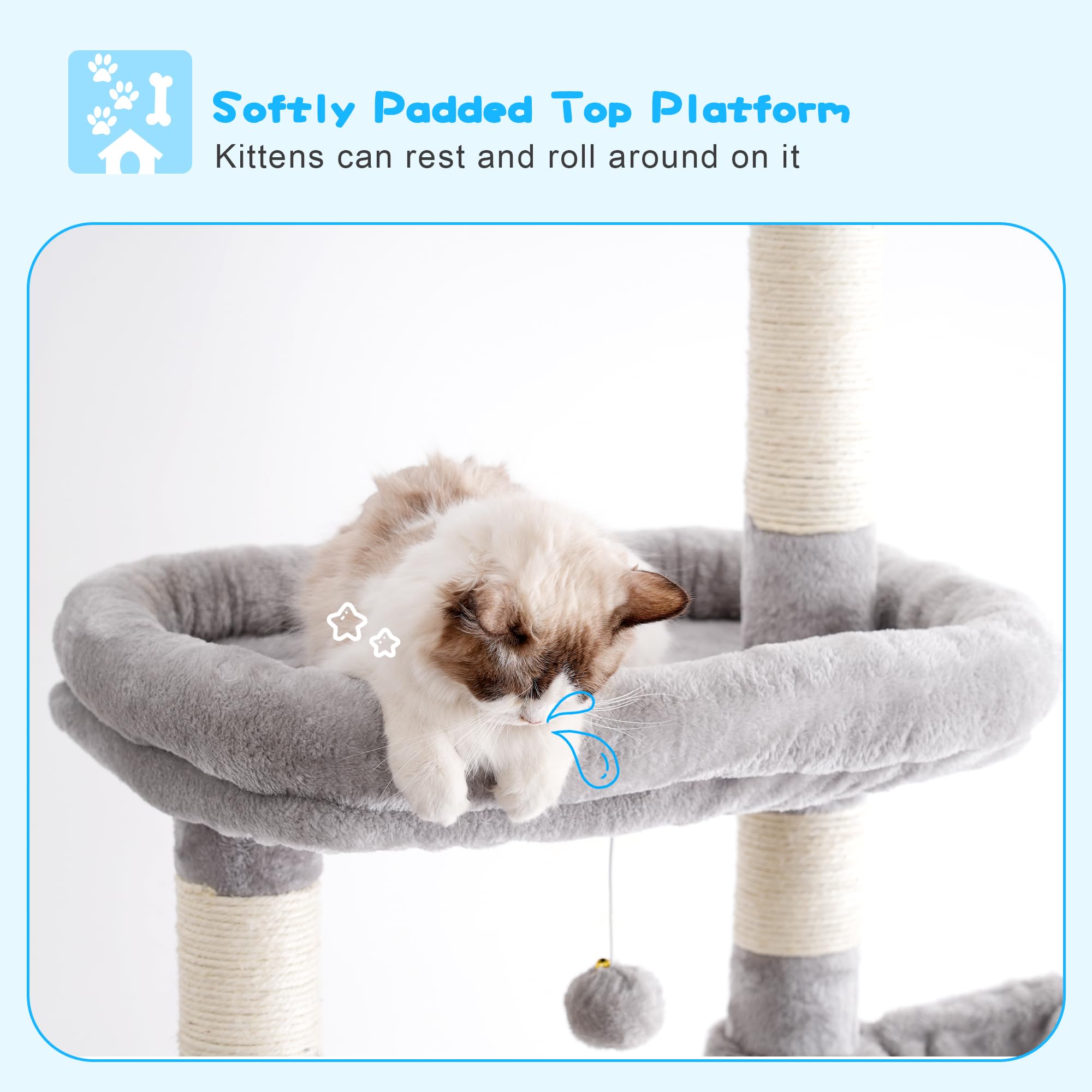 Hey-brother cat tree includes varied-length scratching posts on each level.