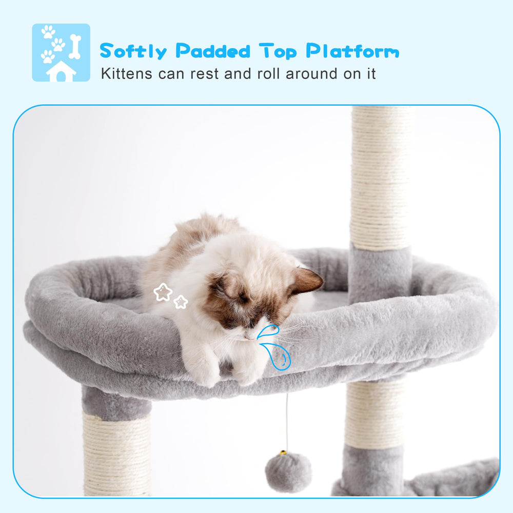 Hey-brother cat tree includes varied-length scratching posts on each level.