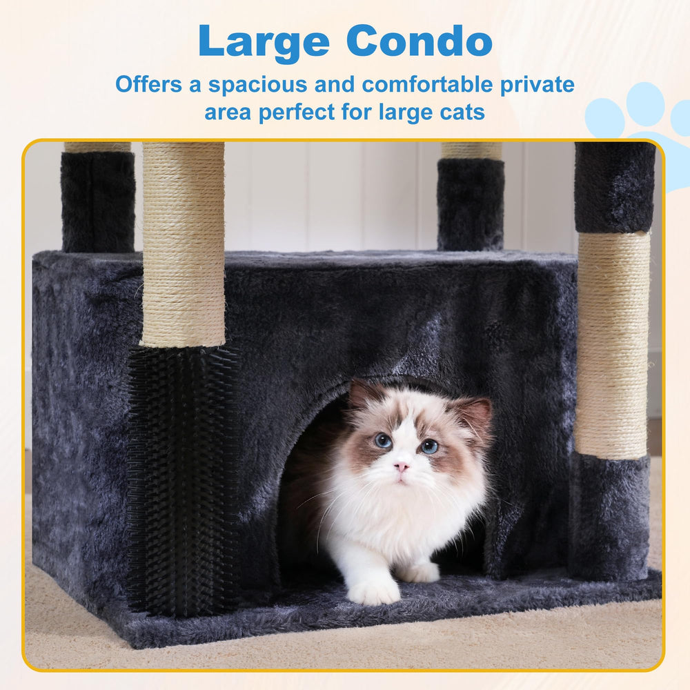 Hey-brother cat tree self-grooming brush helps remove loose fur during play.