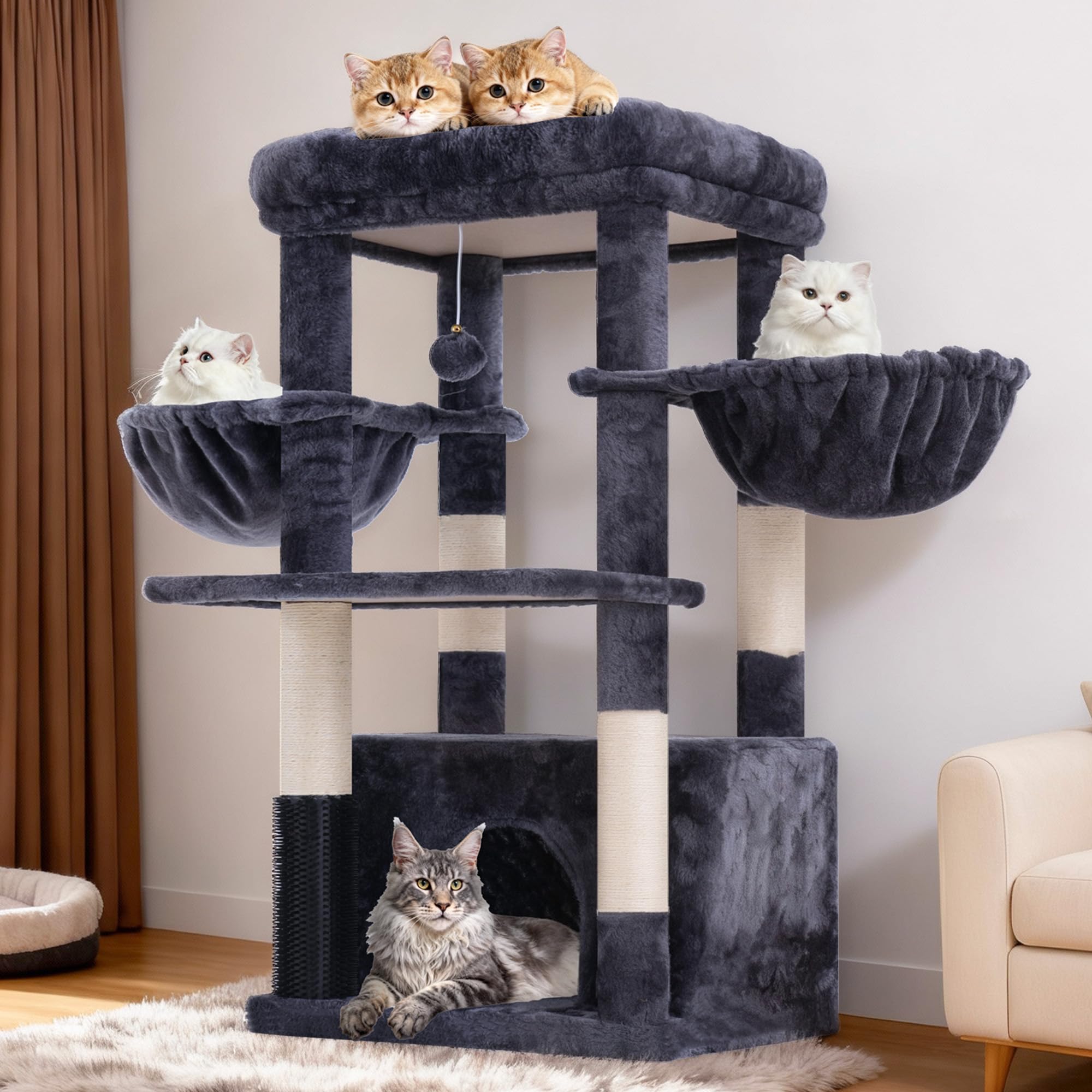 Hey-brother cat tree smoky-gray tower blends into living spaces.