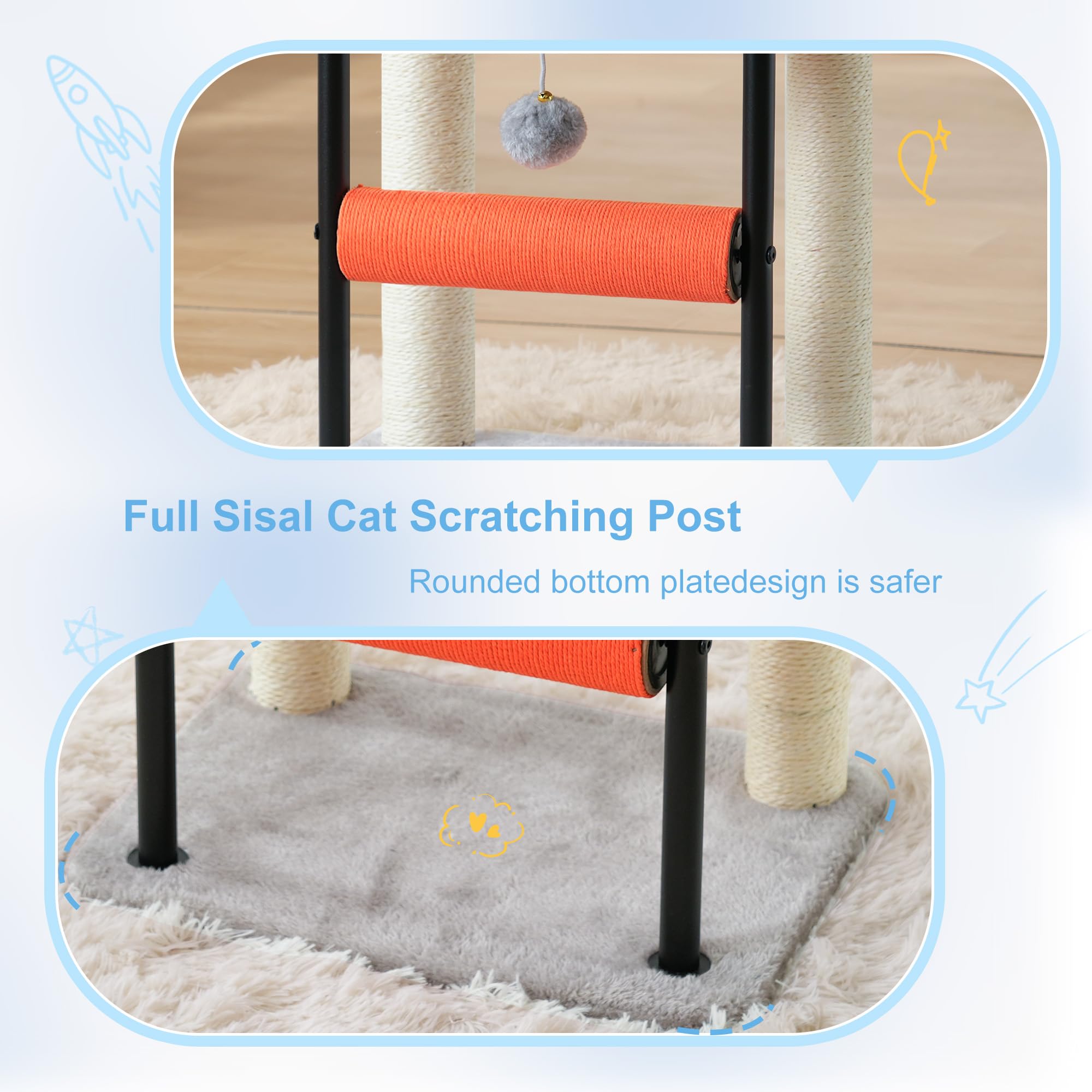Rounded edges protect pets and family members on the cat condo