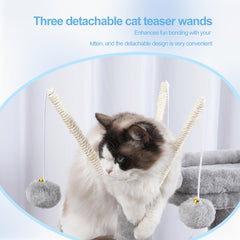 Hey-brother cat tree tower with removable teaser wands for interactive kitten play.